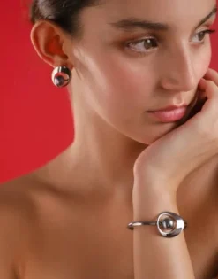 Majorica Pulsera Petra Rigida En Acero Y Perla Gris| Brazaletes Rígidos