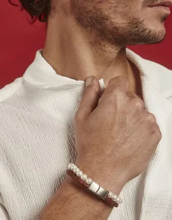 Majorica Pulsera Sailor De Cuero Marron Y Perlas Blancas 22Cm| Pulseras De Cuero