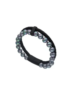 Majorica Pulsera Sailor De Cuero Y Perlas Grises 22Cm| Pulseras De Cuero