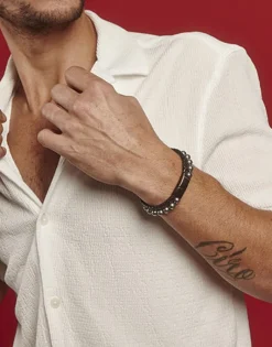 Majorica Pulsera Sailor De Cuero Y Perlas Grises 21Cm| Pulseras De Cuero